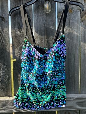 Black Swim Top with Aqua, Teal & Lavender Dot Print.  Delta Burke size 18W